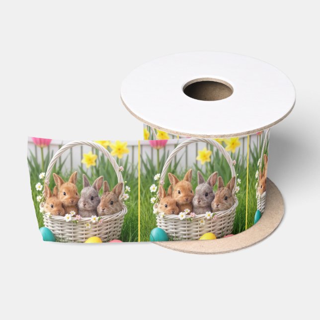 Easter Bunnies in a Wicker Basket Satin Ribbon (Spool)