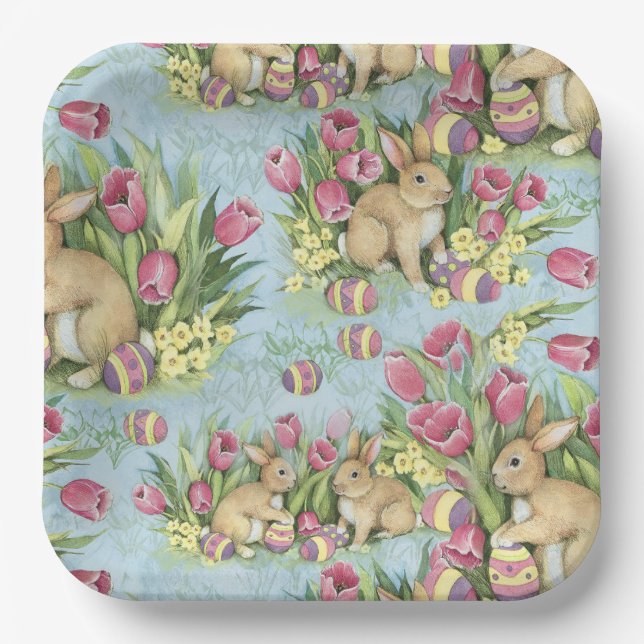 Easter Bunnies In The Garden w Tulips Paper Plate (Front)