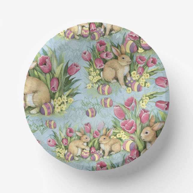 Easter Bunnies In The Garden w Tulips Paper Plate (Front)