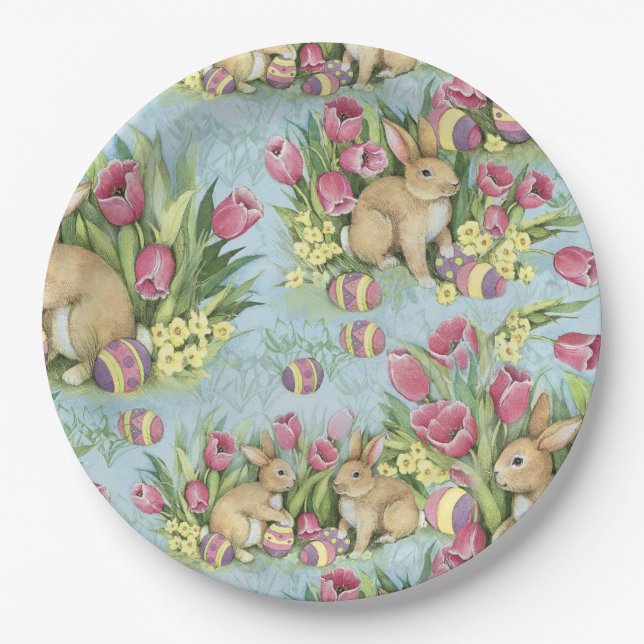 Easter Bunnies In The Garden w Tulips Paper Plate (Front)