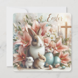 Easter Bunnies, Lilies and a Cross Holiday Card