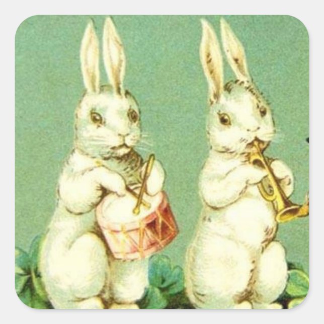 EASTER BUNNIES PLAYING INSTRUMENTS SQUARE STICKERS (Front)