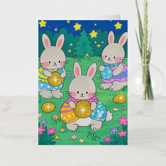 Easter Bunnies with Easter Eggs  Foil Greeting Card (Front)