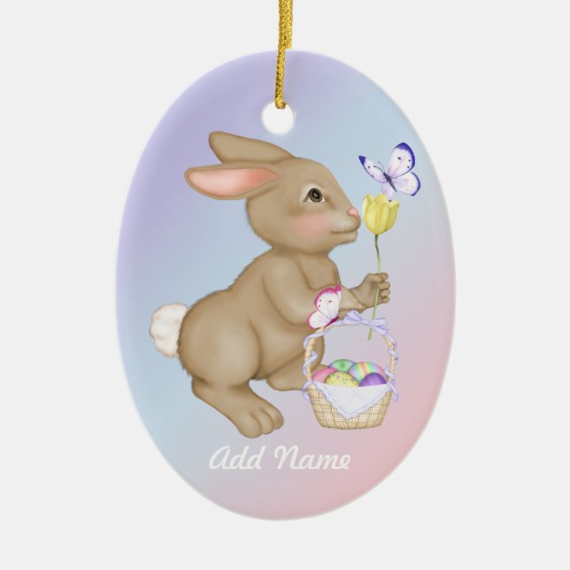 Easter Bunny and Basket Ceramic Tree Decoration (Front)