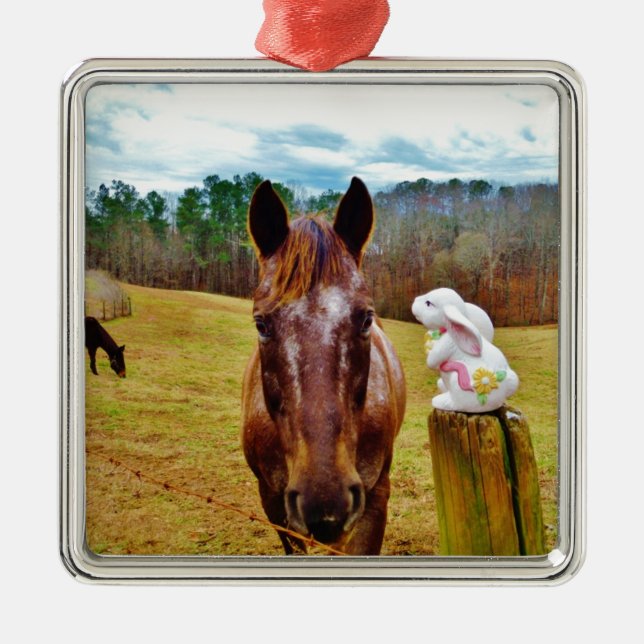 Easter Bunny and Brown horse Metal Tree Decoration (Front)
