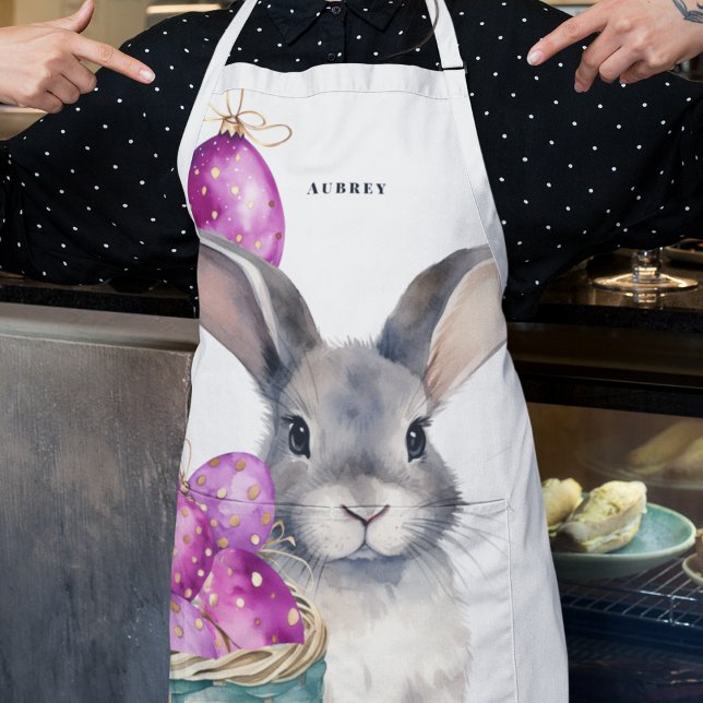 Easter Bunny and Cerise Easter Eggs in Basket Apron (Bunny and cerise and electric purple Easter eggs on a chef's apron for Easter crafts and cooking. )