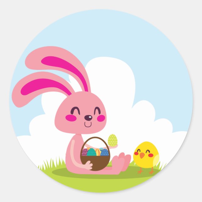 Easter Bunny and Chick Classic Round Sticker (Front)