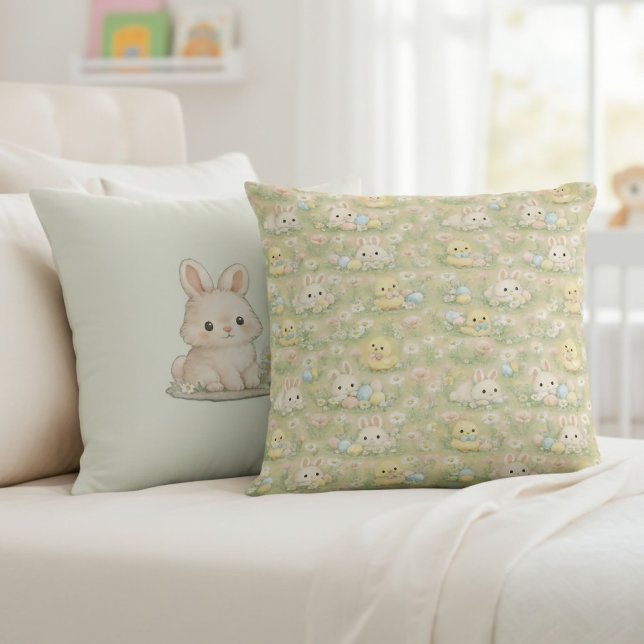 Easter Bunny and Chick Floral Pattern Throw Pillow (Creator Uploaded)