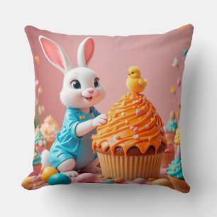 Easter Bunny and Chick with Colourful Cupcakes Cushion