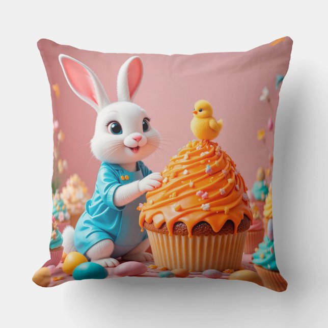 Easter Bunny and Chick with Colourful Cupcakes Cushion (Front)