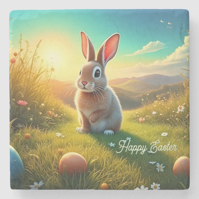 Easter Bunny and Colourful Eggs in Spring Magic Stone Coaster (Front)