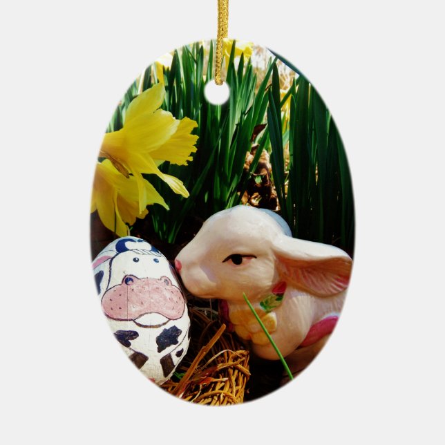 Easter Bunny and cow egg Ceramic Tree Decoration (Front)