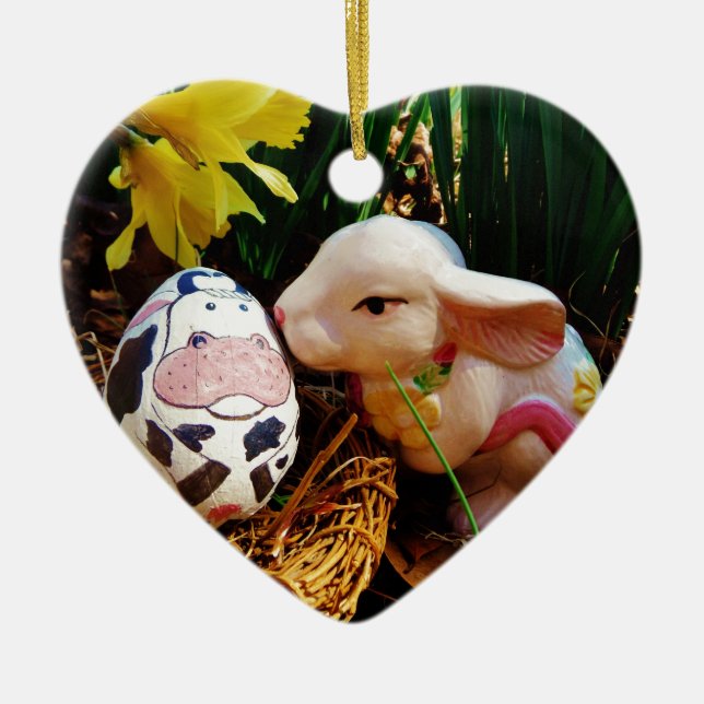 Easter Bunny and cow egg Ceramic Tree Decoration (Front)
