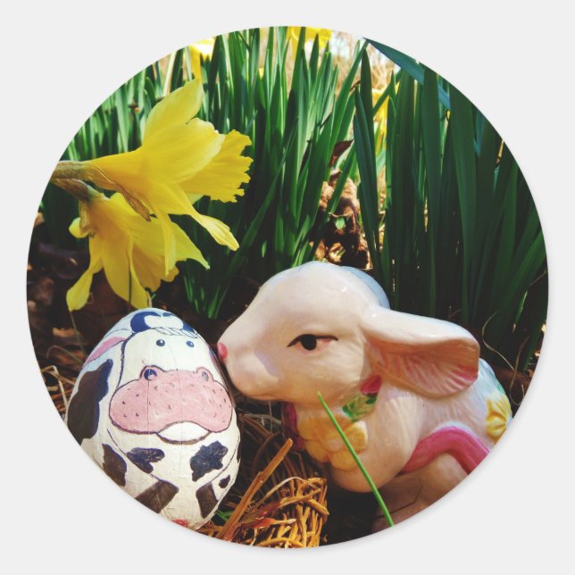 Easter Bunny and cow egg Classic Round Sticker (Front)