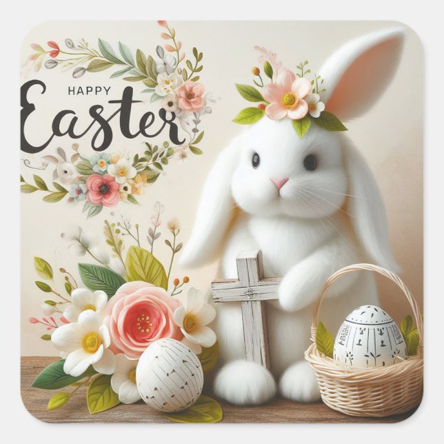 Easter bunny and Cross Square Sticker (Front)