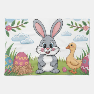 Easter Bunny and Duckling in Spring Meadow Tea Towel