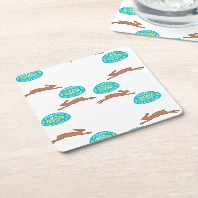 easter bunny and eggs on white square paper coaster (Angled)