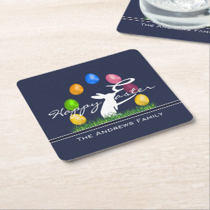 Easter Bunny and Eggs Personalised Square Paper Coaster