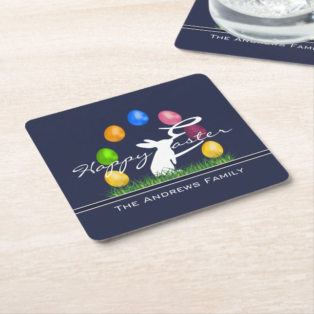 Easter Bunny and Eggs Personalised Square Paper Coaster (Angled)