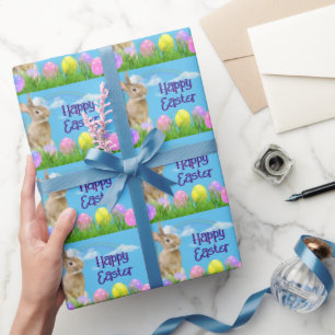 Easter Bunny and Eggs with Rainbow Wrapping Paper