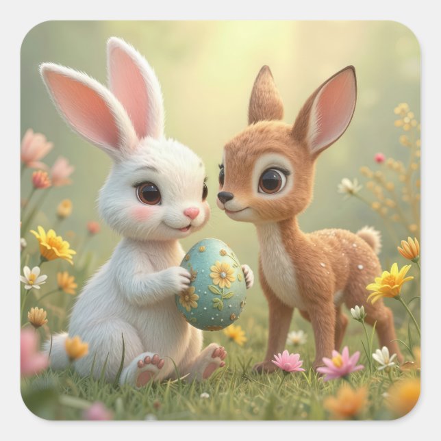 Easter Bunny and Fawn In Wildflowers Square Sticker (Front)