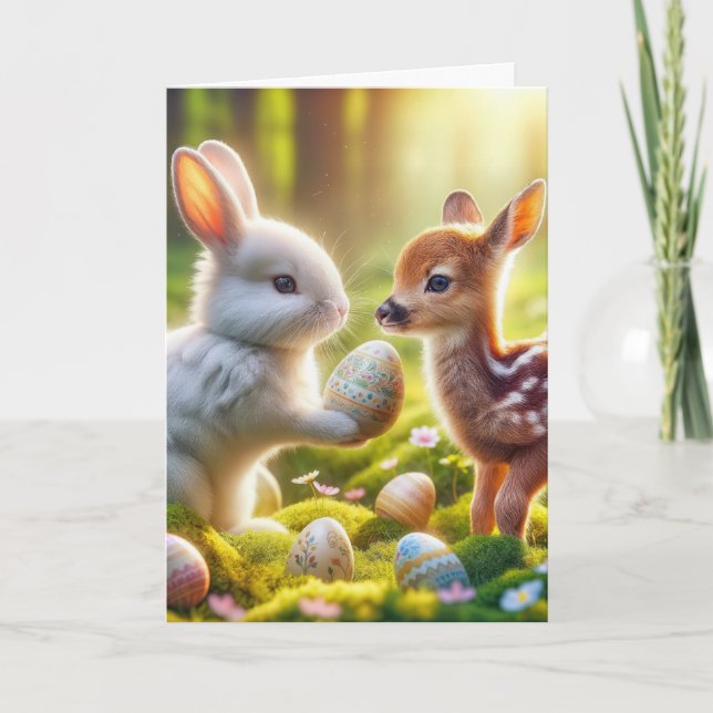 Easter Bunny and Fawn With Eggs Holiday Card (Front)