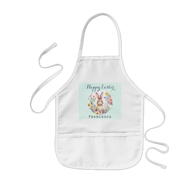 Easter Bunny and Flowers Custom Name Kids Apron (Front)