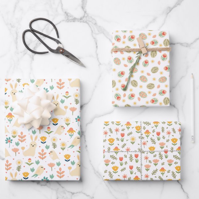 Easter Bunny and Flowers Spring Wrapping Paper Sheet (Front)