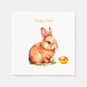Easter Bunny and Golden Egg on White Napkins
