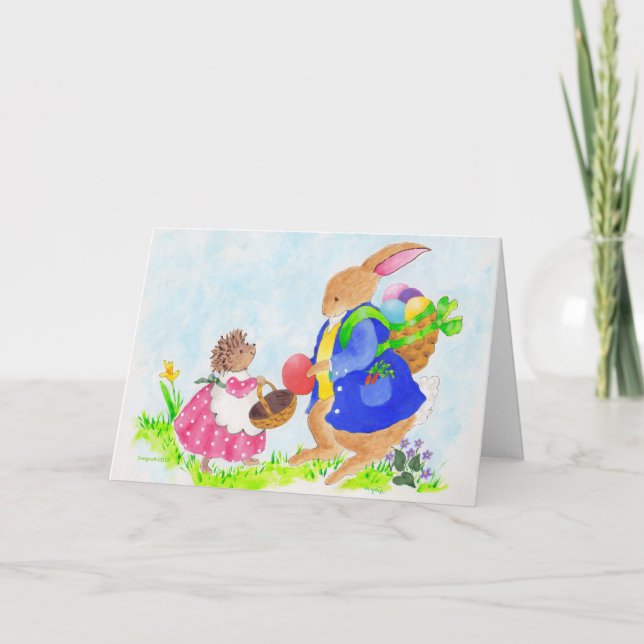 Easter bunny and Heddy hedgehog Holiday Card (Front)