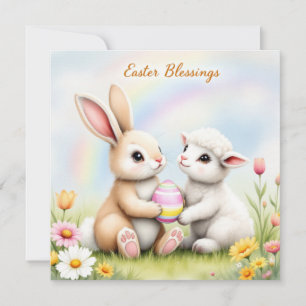 Easter Bunny and Lamb Sharing an Egg 2 Holiday Card