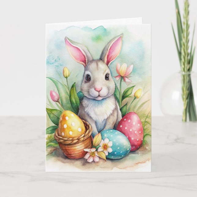 Easter bunny and painted eggs Holiday Card (Front)