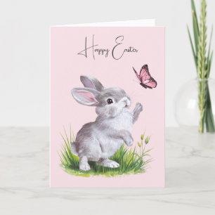 Easter Bunny and Pink Butterfly Holiday Card