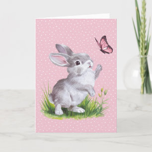Easter Bunny and Pink Butterfly Holiday Card