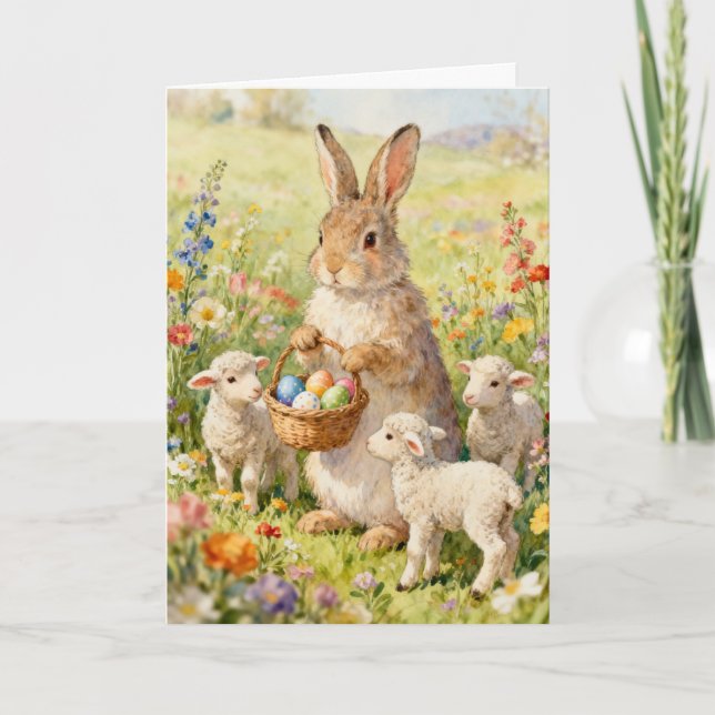 Easter Bunny and Spring Lambs Holiday Card (Front)