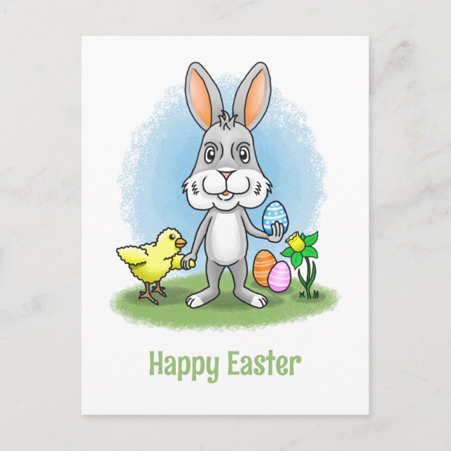 Easter Bunny and the Chicken Show the Easter Eggs Holiday Postcard (Front)