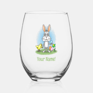 Easter Bunny and the Cute Chick Stemless Wine Glass