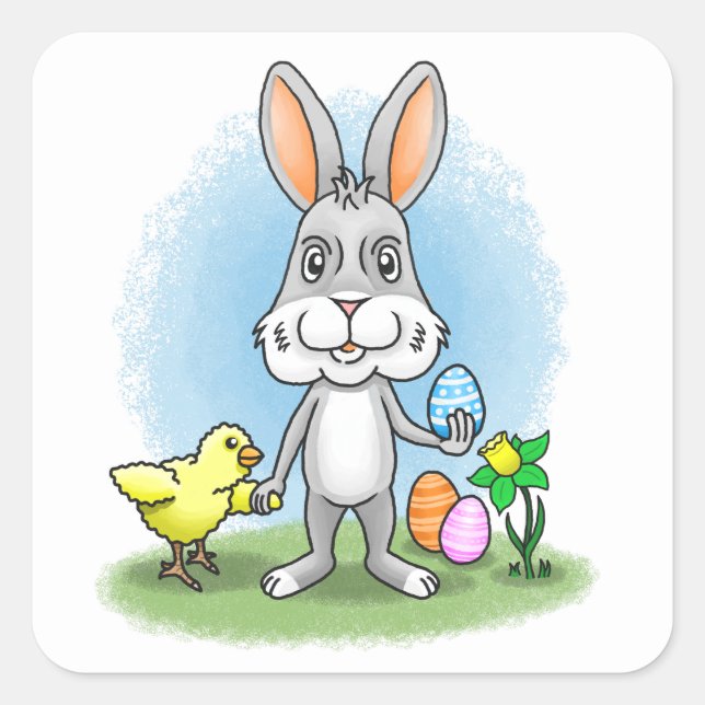 Easter bunny and the yellow chicken square sticker (Front)