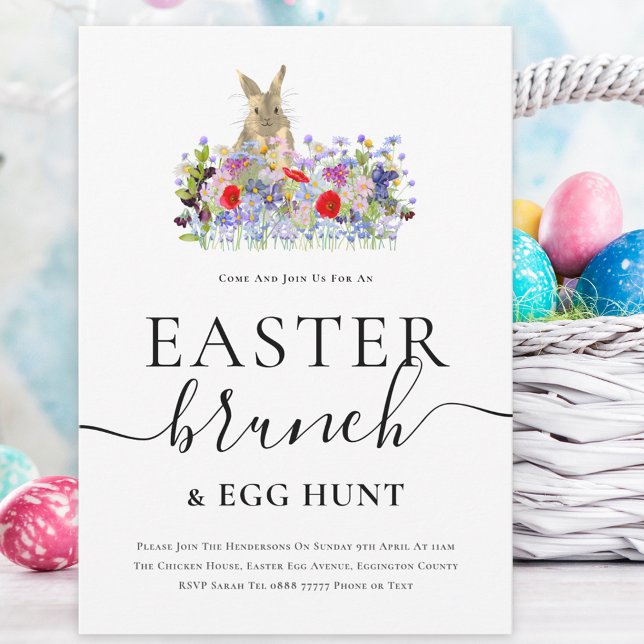 Easter Bunny and Wildflowers Egg Hunt and Brunch Invitation (Easter brunch and egg hunt spring party invitation Cute bunny and watercolor wildflowers )