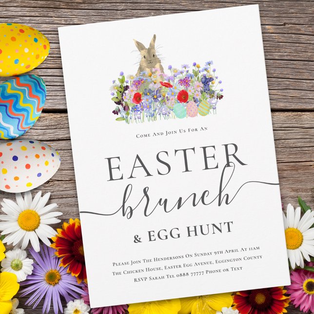Easter Bunny and Wildflowers Egg Hunt and Brunch Invitation (Easter brunch and egg hunt cute bunny watercolor wildflower meadow spring party invitation )