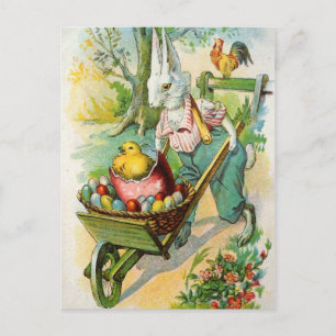 Easter Bunny Antique Post Card Wheel Barrow Chicks