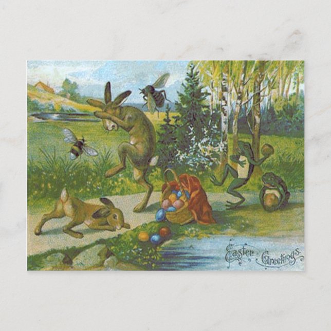 Easter Bunny Basket Coloured Egg Frog Holiday Postcard (Front)