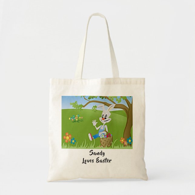 Easter Bunny Basket of Eggs Add Name Loves Easter Tote Bag (Front)
