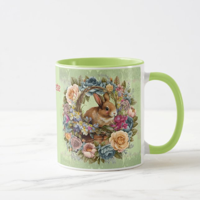 Easter Bunny Basket Spring Flowers Add Name Mug (Right)