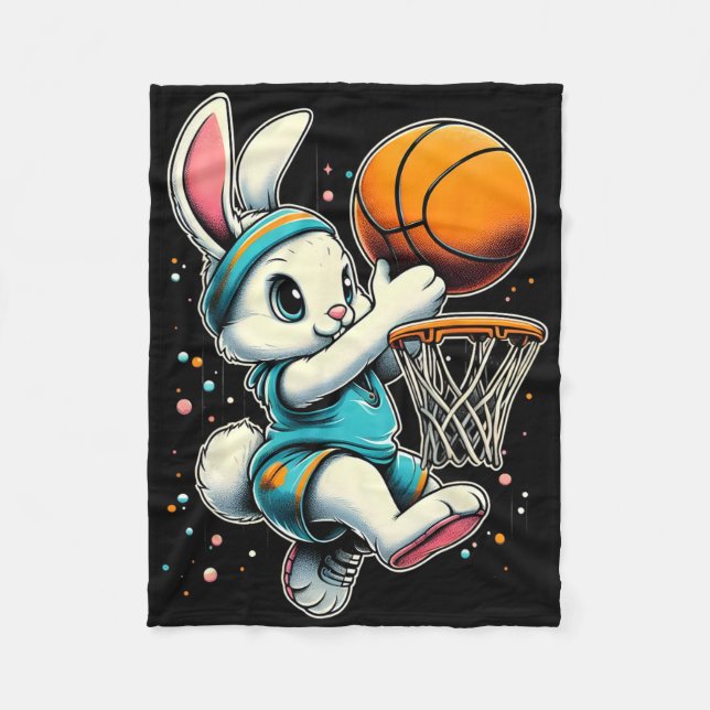 Easter Bunny Basketball Funny Bunny Playing Basket Fleece Blanket (Front)