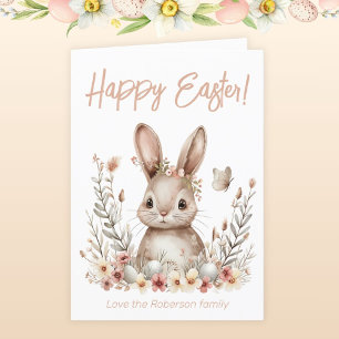 Easter Bunny Beige Flowers Holiday Card