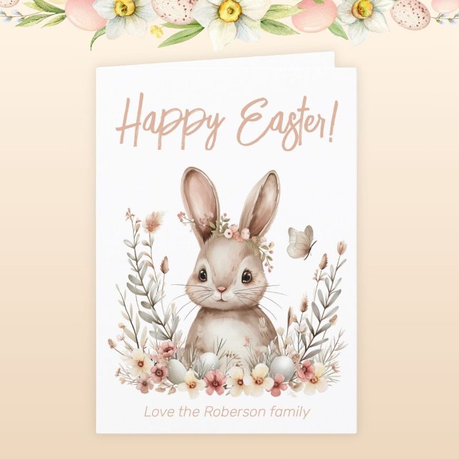Easter Bunny Beige Flowers Holiday Card (Creator Uploaded)