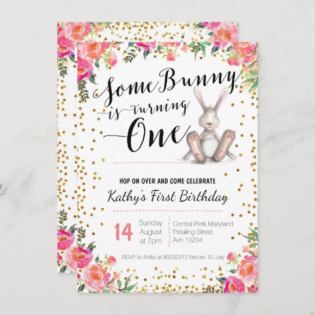 Easter Bunny Birthday Floral Invitation (Front/Back)
