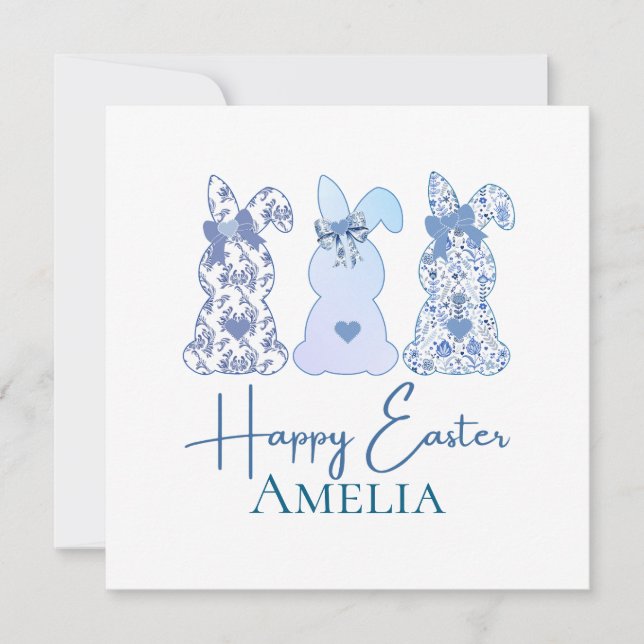 Easter Bunny Blue White Floral Bow Personalised  Invitation (Front)