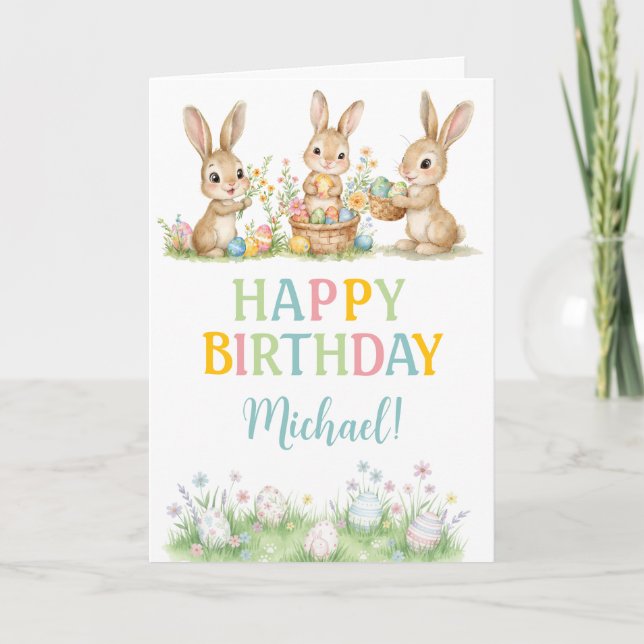 Easter Bunny Boy First Birthday Greeting Card (Front)